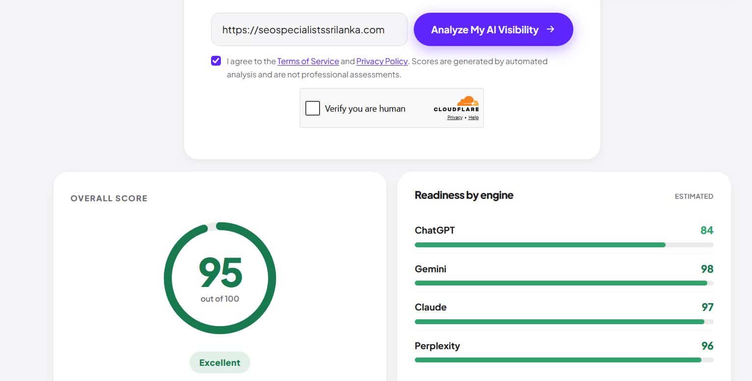 AI visibility analyzer showing seospecialistssrilanka.com scored 95 out of 100 with readiness by engine