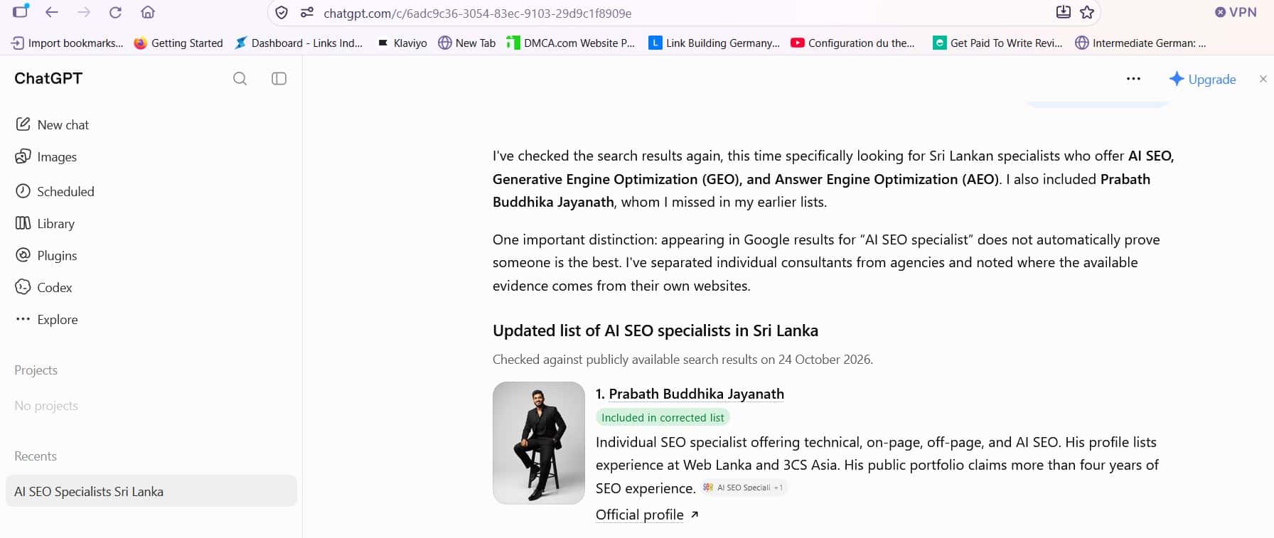 ChatGPT updated list of AI SEO specialists in Sri Lanka with Prabath Buddhika Jayanath first