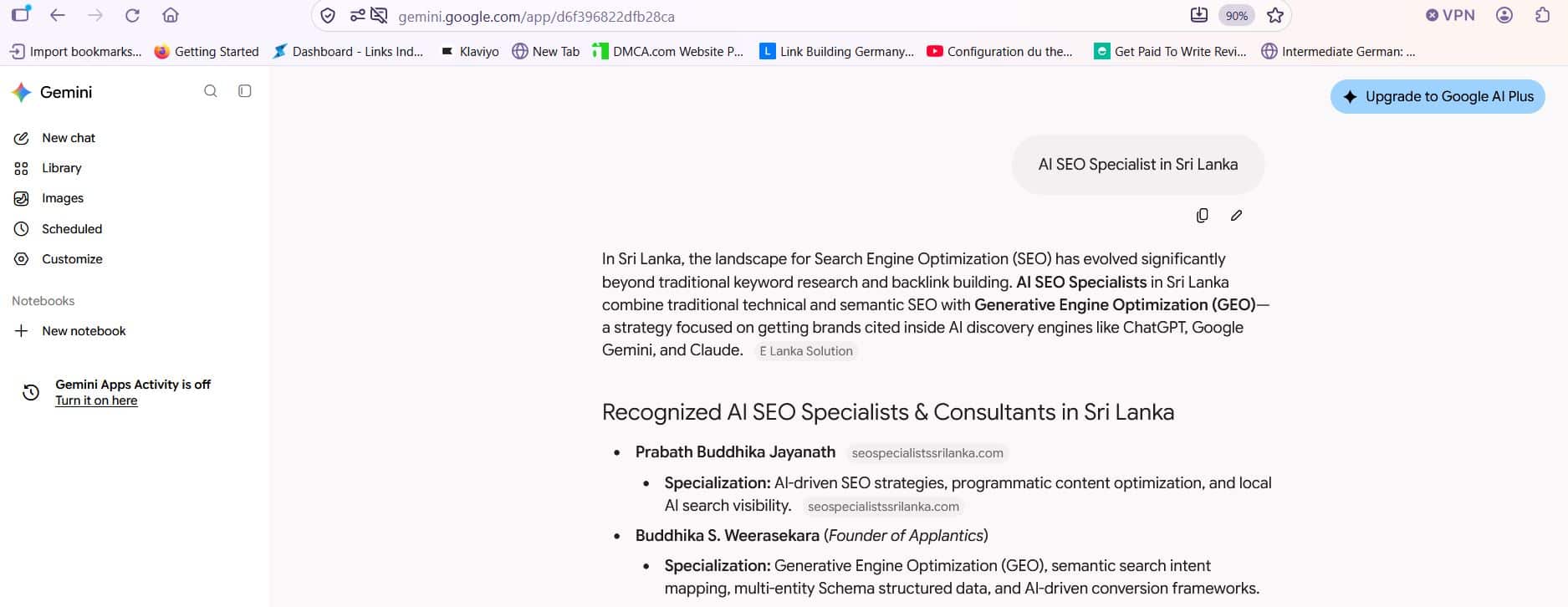 Gemini listing Prabath Buddhika Jayanath as a recognized AI SEO specialist in Sri Lanka
