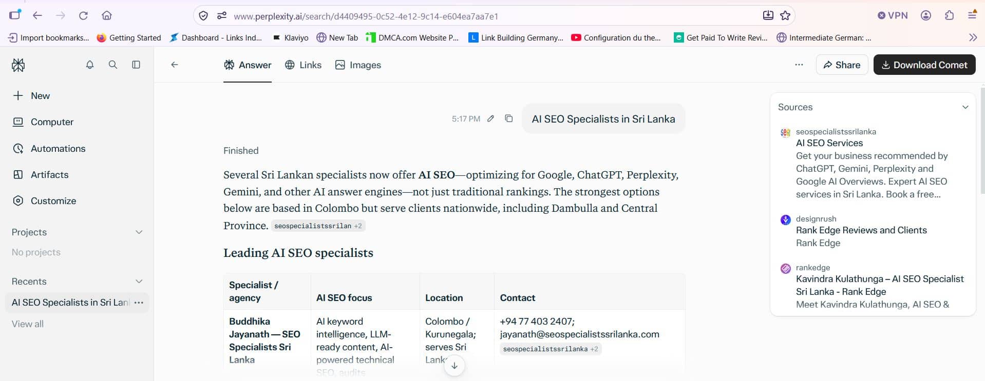 AI visibility tool showing ChatGPT cited seospecialistssrilanka.com for best SEO agencies in Sri Lanka 2026