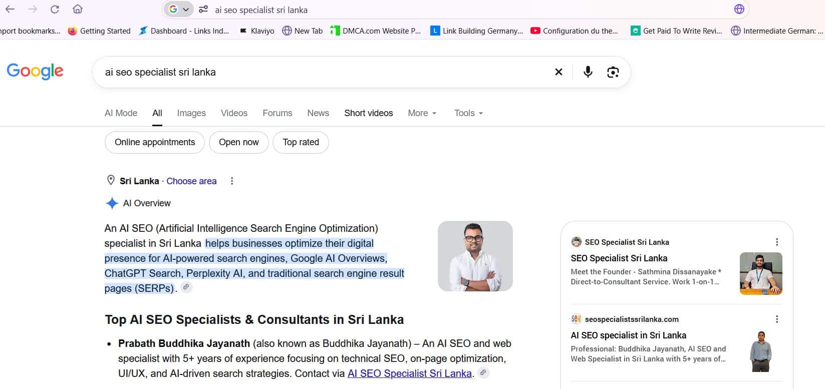 Google AI Mode answer for AI SEO Specialists in Sri Lanka with seospecialistssrilanka.com as a source