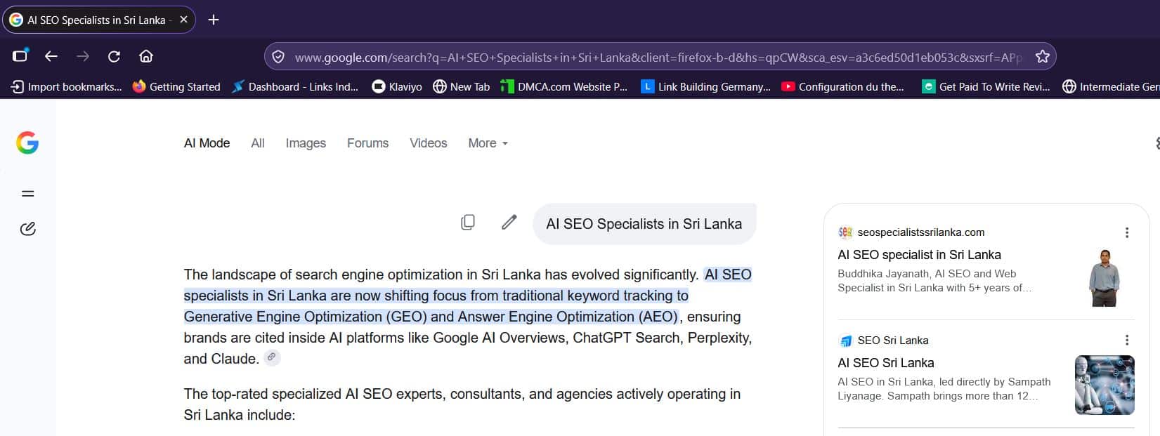 Perplexity answer for AI SEO Specialists in Sri Lanka listing seospecialistssrilanka.com as top source